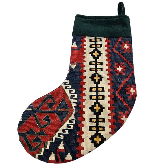 Kilim Christmas Stocking Handmade Boho Green Velvet Backing Wool